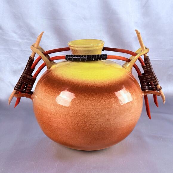 Large Art Pottery Vase Southwest Style MCM Yellow Orange Wood Handles 11” Signed - Picture 1 of 13
